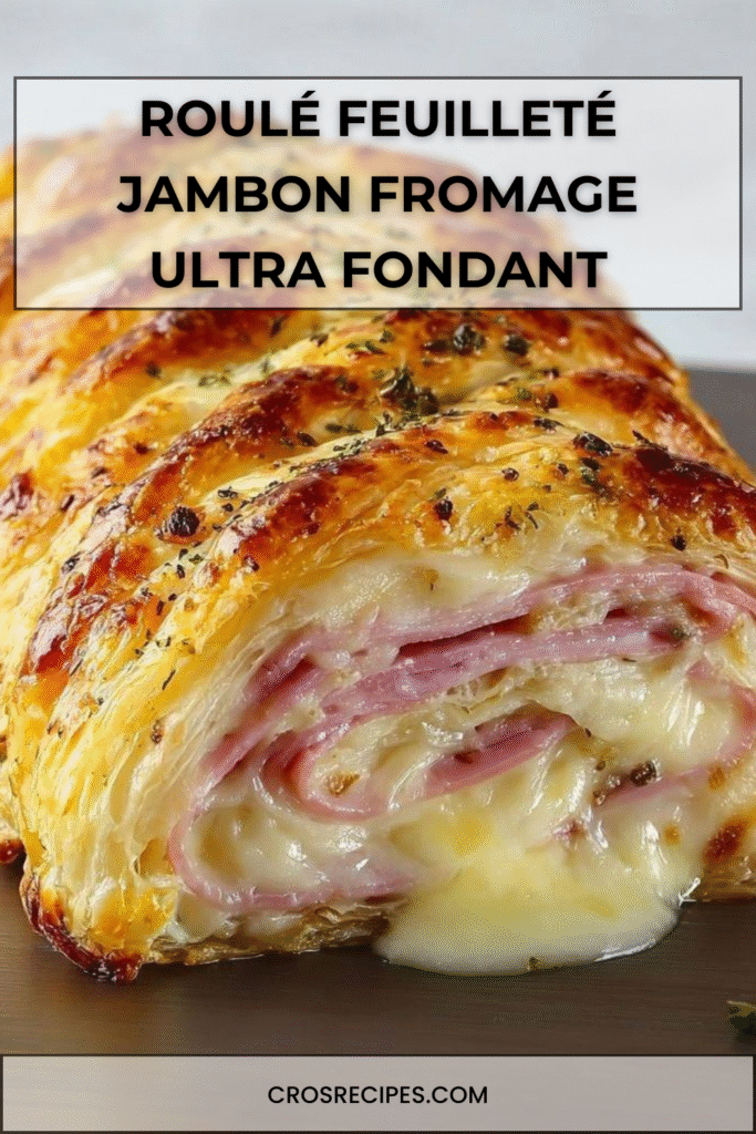 Roulé feuilleté au jambon et fromage doré au four, tranché et servi chaud avec une salade.