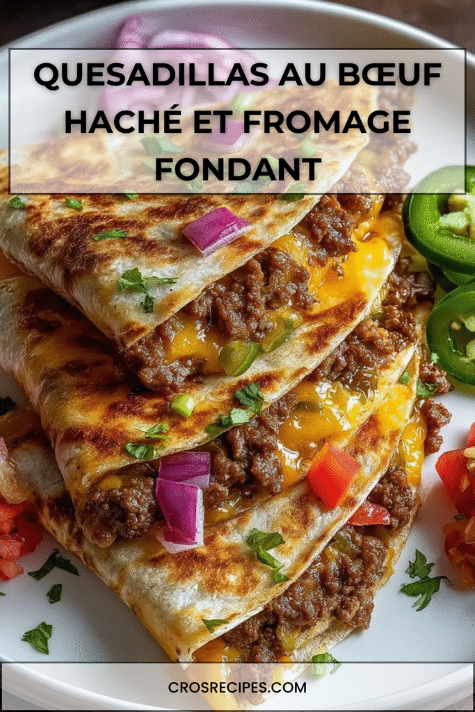 Quesadillas au bœuf haché et cheddar fondu, dorées à la poêle et servies avec salsa et guacamole.