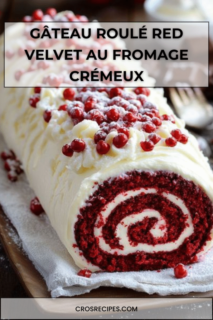 Gâteau roulé Red Velvet garni de crème au fromage, saupoudré de sucre glace et décoré de groseilles rouges.