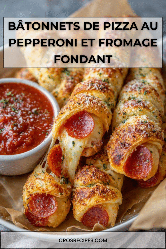 Bâtonnets de pizza au pepperoni et fromage dorés au four, servis avec une sauce marinara chaude.