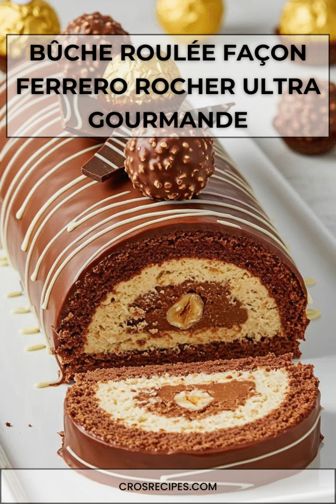 Bûche roulée au chocolat façon Ferrero Rocher avec glaçage rocher croquant et décor de chocolats Ferrero.