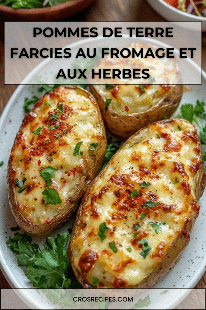 Pommes de terre farcies au fromage fondu et aux herbes fraîches, dorées au four et servies chaudes.