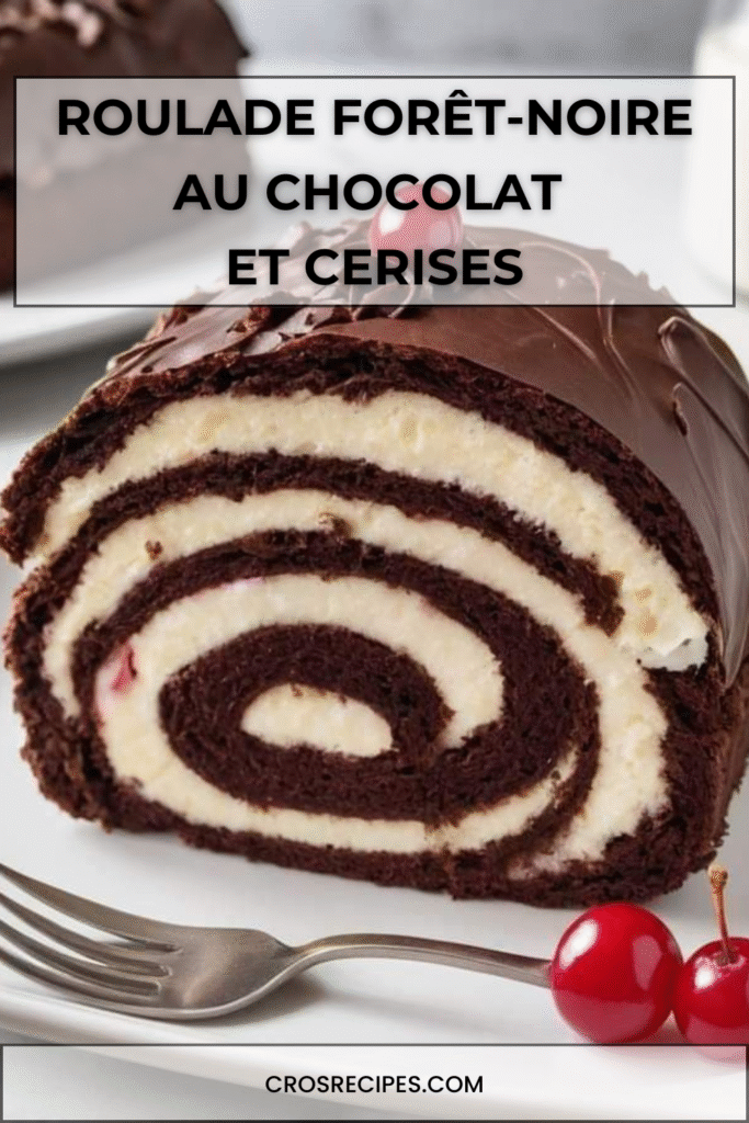 Roulade Forêt-Noire au chocolat garnie de crème fouettée et de cerises, décorée de copeaux de chocolat.