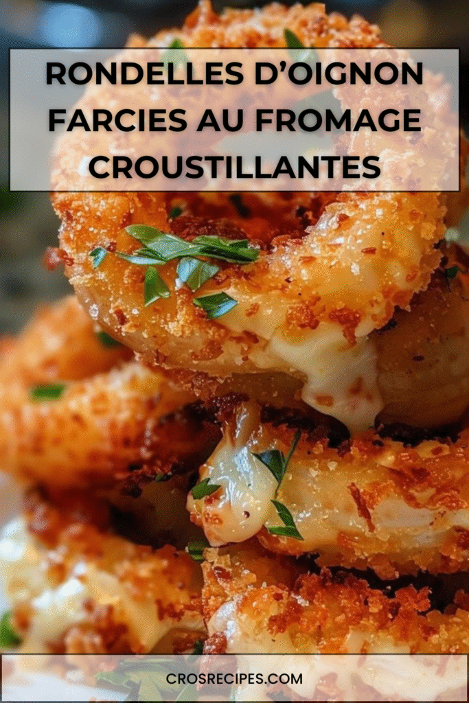 Rondelles d’oignon farcies à la mozzarella, panées et dorées, servies chaudes avec une sauce marinara.