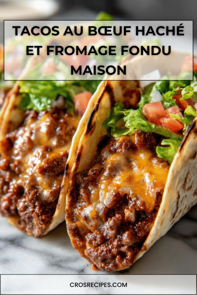 Tacos au bœuf haché assaisonné, fromage fondu, laitue croquante et tomates fraîches.