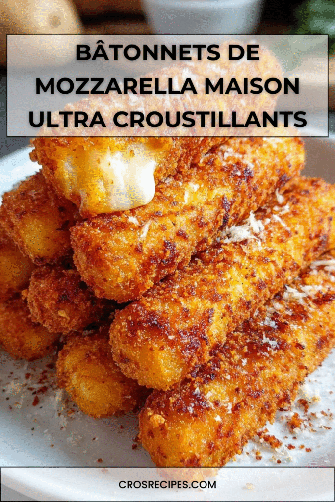 Bâtonnets de mozzarella panés et dorés, croustillants à l’extérieur et au fromage filant à l’intérieur, servis avec une sauce marinara.