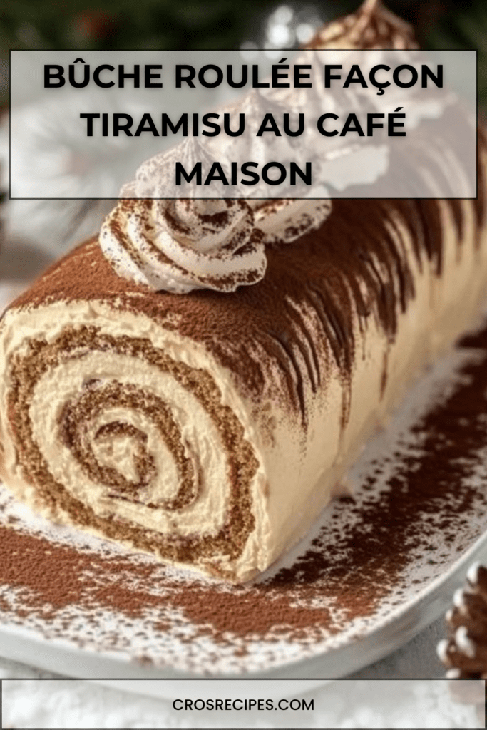 Bûche roulée façon tiramisu, garnie de crème mascarpone et saupoudrée de cacao, présentée sur un plat de fête.