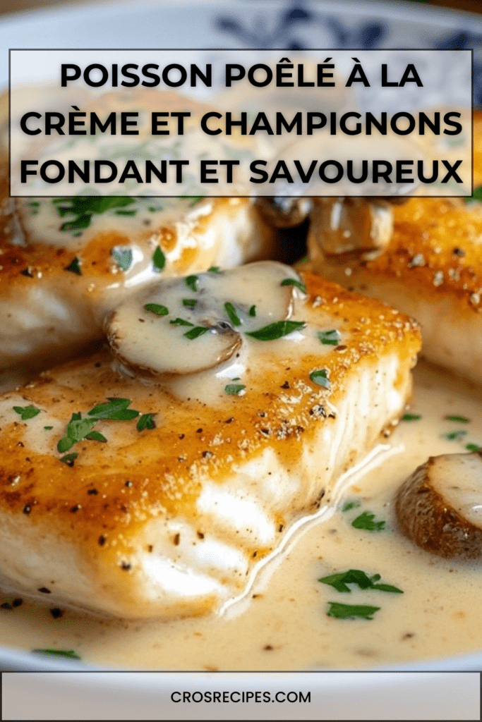 Filets de poisson poêlés nappés de sauce crémeuse aux champignons et persil frais, servis dans une assiette.