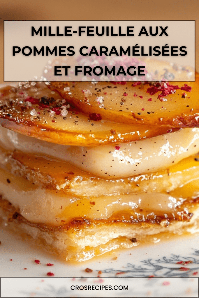 Mille-feuille feuilleté croustillant aux pommes caramélisées et fromage fondant, finition poivre et baies roses.