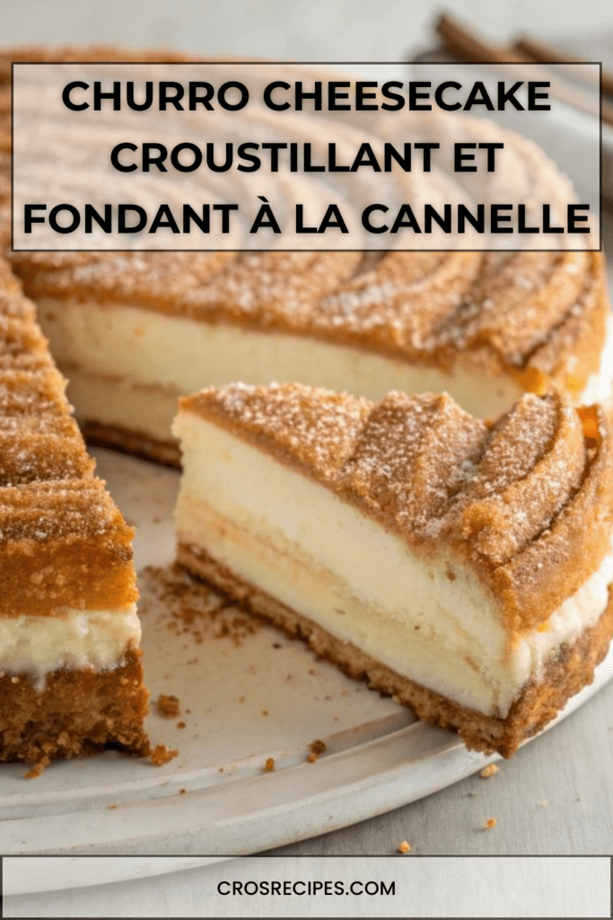 Churro cheesecake doré à la cannelle, texture croustillante et cœur fondant au fromage frais.