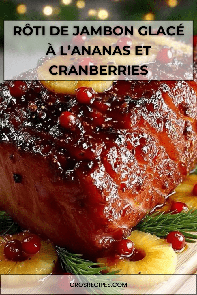 Rôti de jambon glacé à l’ananas et cranberries, servi avec une sauce brillante sucrée-salée.