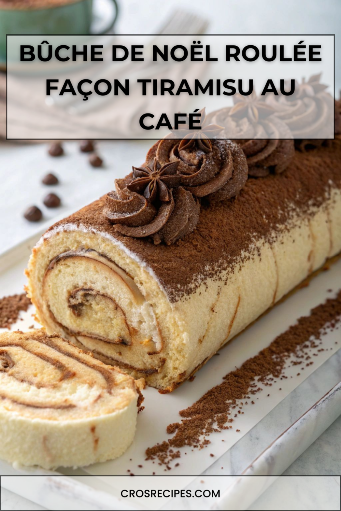 Bûche de Noël roulée façon tiramisu, recouverte de crème mascarpone et saupoudrée de cacao.