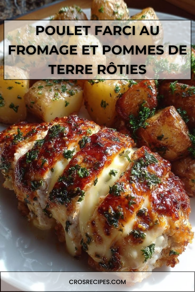 Poitrines de poulet farci au fromage fondu, servies avec des pommes de terre rôties dorées à l’ail et aux herbes.