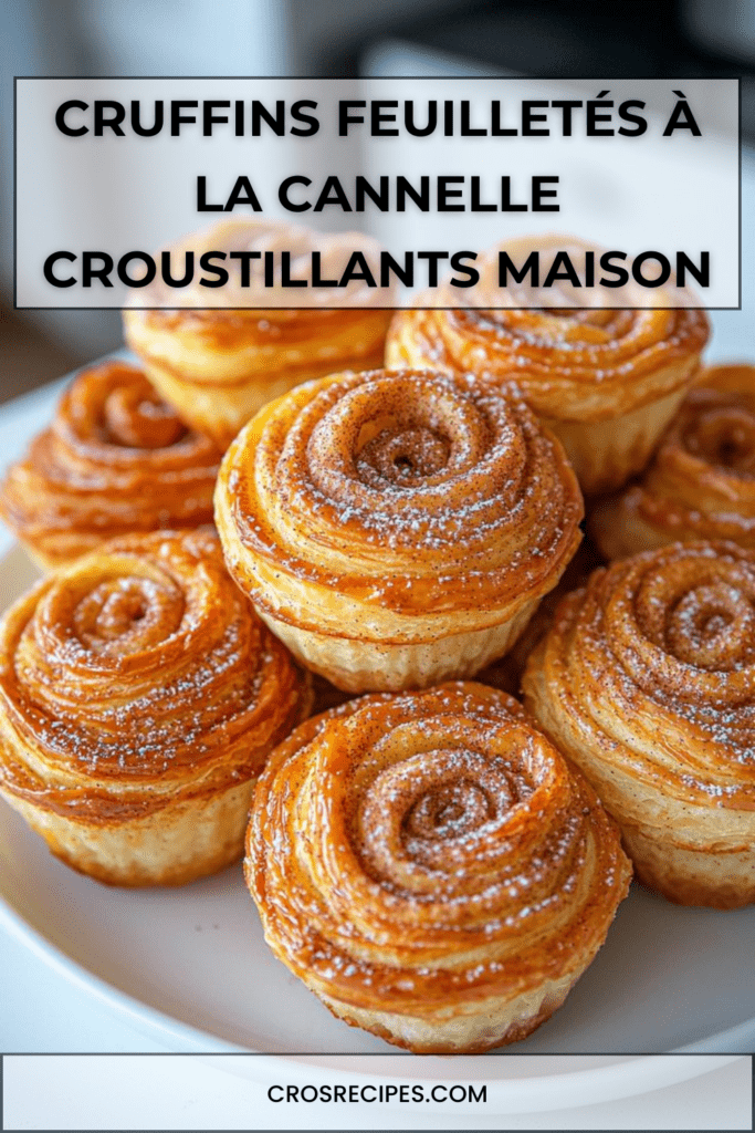 Cruffins feuilletés dorés à la cannelle, servis dans un moule à muffins et saupoudrés de sucre glace.