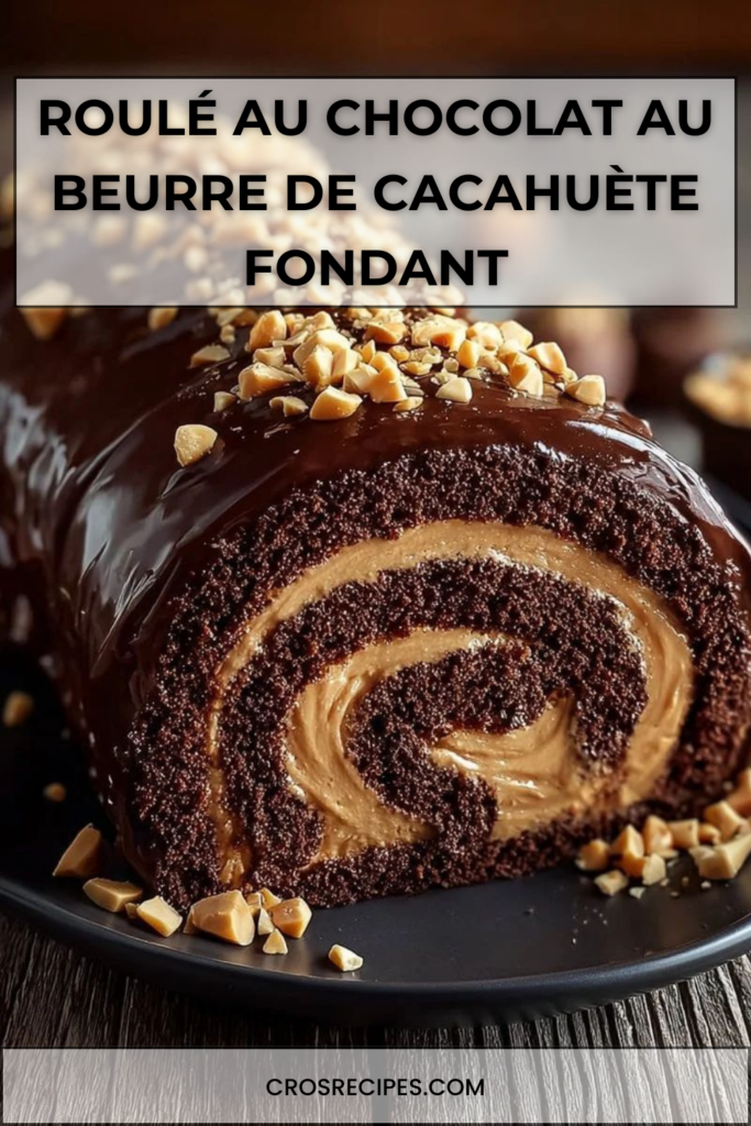 Gâteau roulé au chocolat garni de crème au beurre de cacahuète, recouvert d’un glaçage chocolat et de cacahuètes hachées.