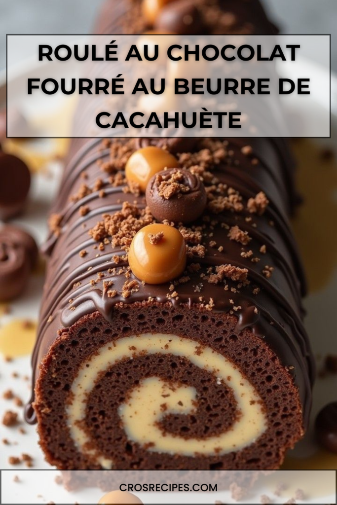 Gâteau roulé au chocolat garni de crème au beurre de cacahuète, recouvert d’un glaçage chocolat et parsemé de cacahuètes hachées.