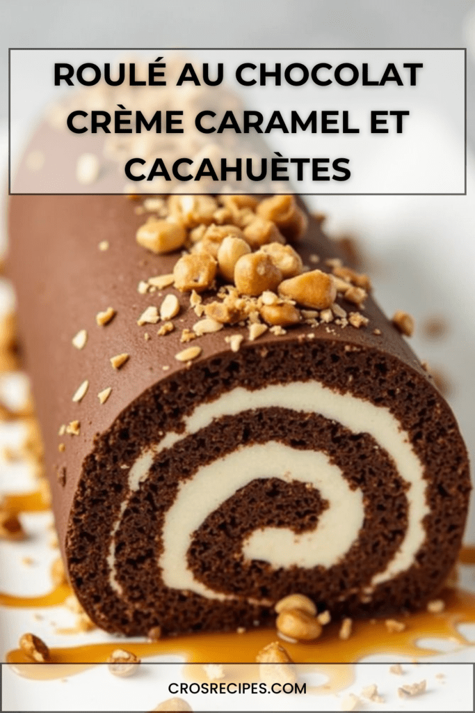 Gâteau roulé au chocolat garni de crème onctueuse, nappé de sauce caramel et décoré de cacahuètes concassées.