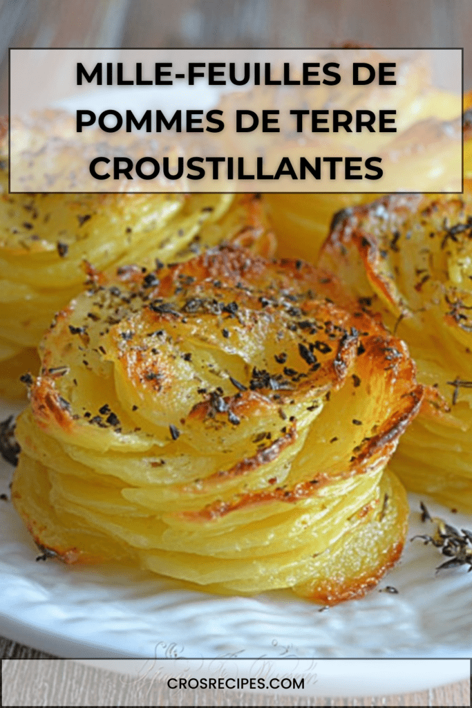 Rosaces de pommes de terre croustillantes superposées en mille-feuilles, dorées au four avec beurre, ail et parmesan.