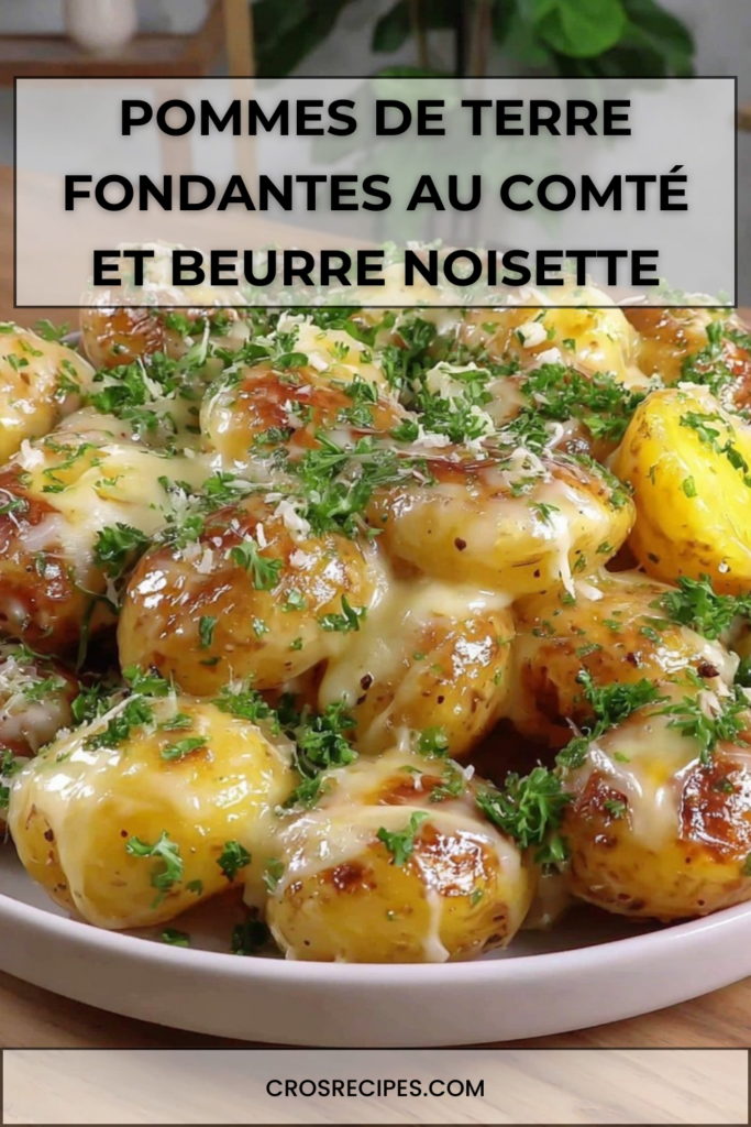 Pommes de terre grenailles dorées au beurre noisette, recouvertes de comté fondant et parsemées de persil frais.
