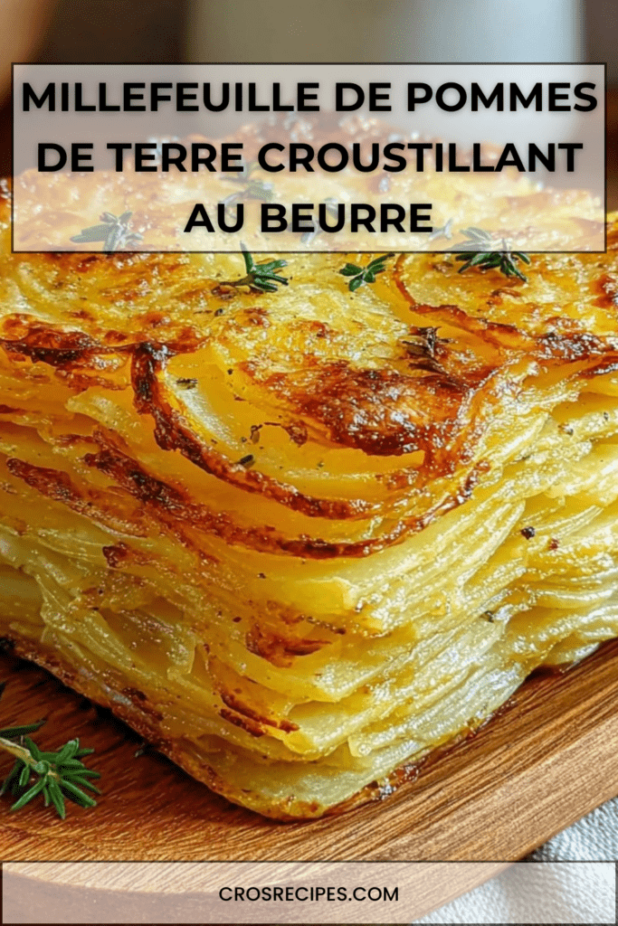 Millefeuille de pommes de terre croustillant découpé en parts nettes, doré au beurre noisette et parfumé au thym.