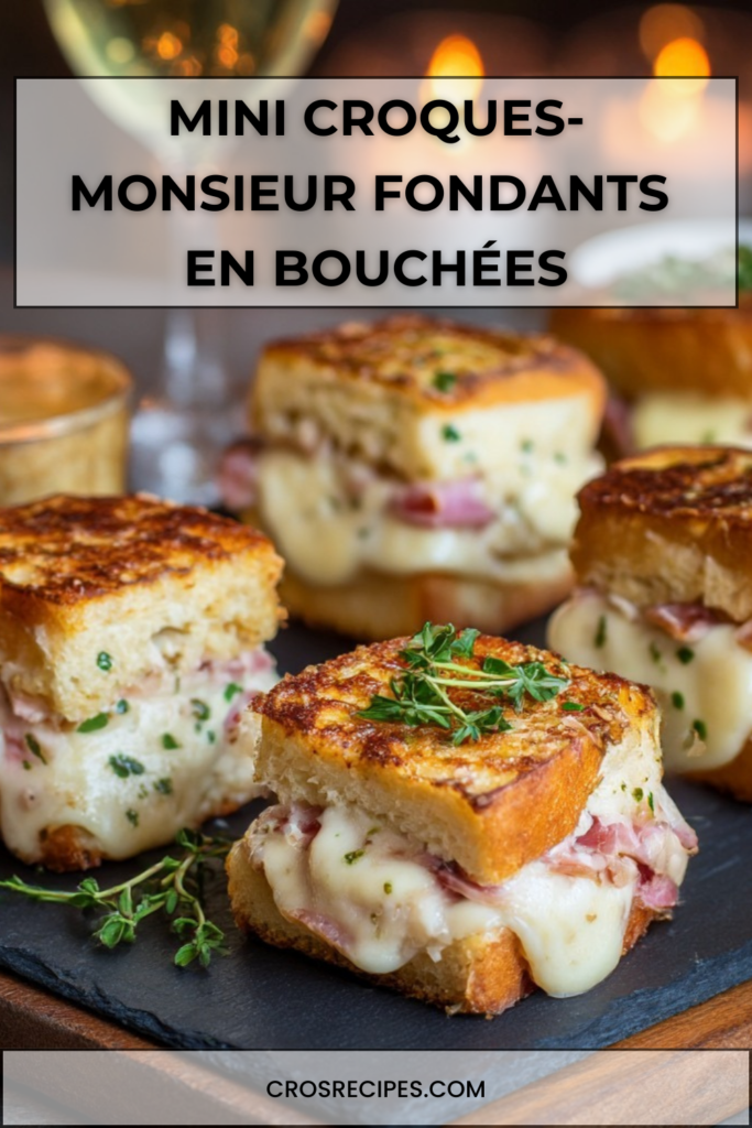 Mini croques-monsieur dorés et fondants, coupés en bouchées, garnis de fromage fondu et jambon, servis à l’apéritif.
