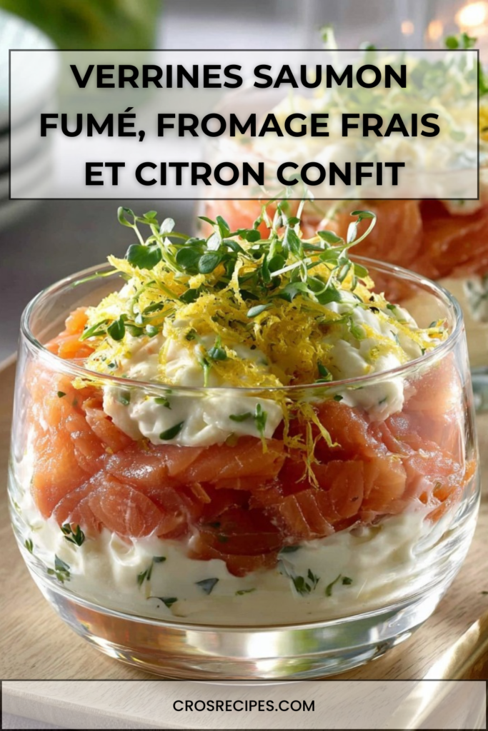 Verrines de saumon fumé au fromage frais citronné, décorées de micro-pousses, servies en entrée élégante.