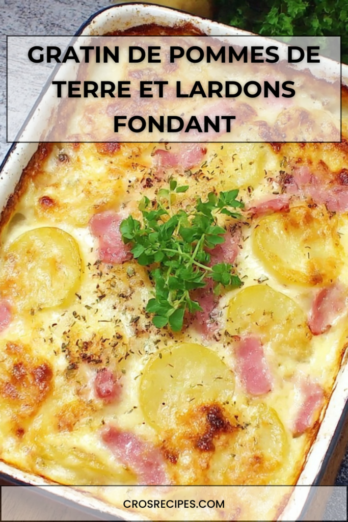 Gratin de pommes de terre aux lardons fumés, doré au four, servi chaud dans un plat familial.