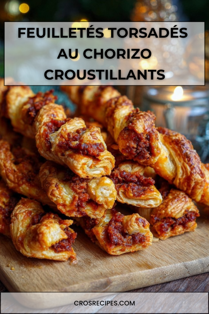 Feuilletés torsadés au chorizo dorés au four, croustillants, garnis de fromage fondu et servis pour l’apéritif.
