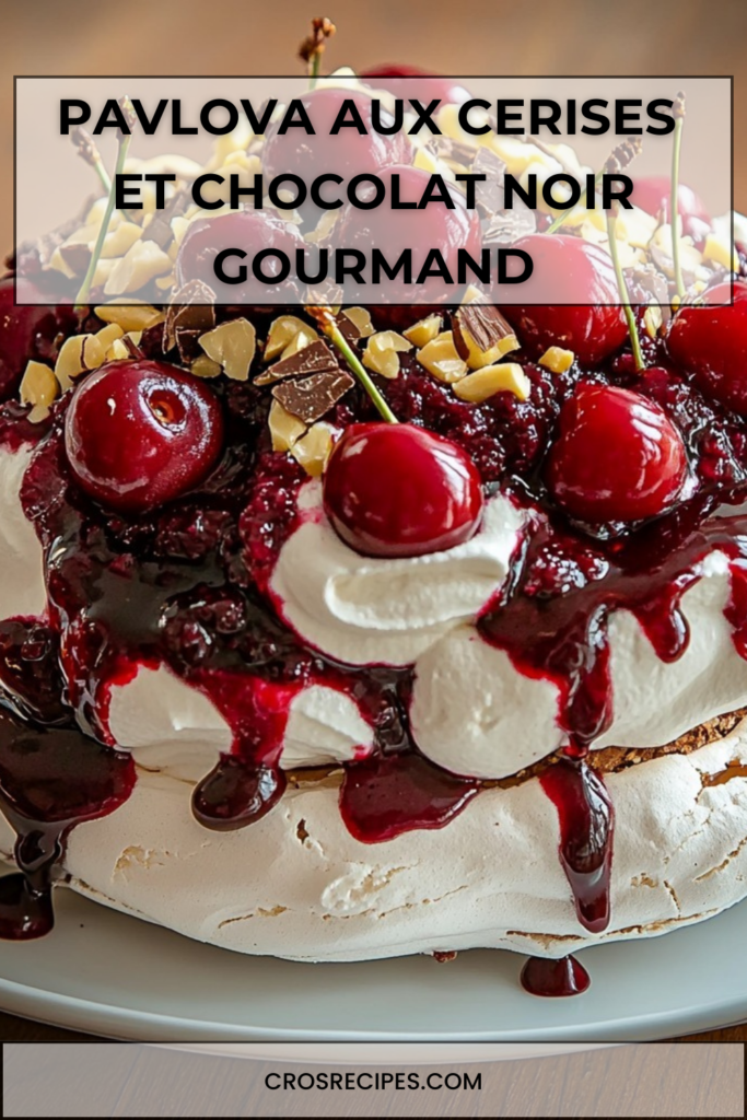 Pavlova aux cerises fraîches nappée d’un coulis noir épais, crème fouettée vanillée et éclats de chocolat noir.