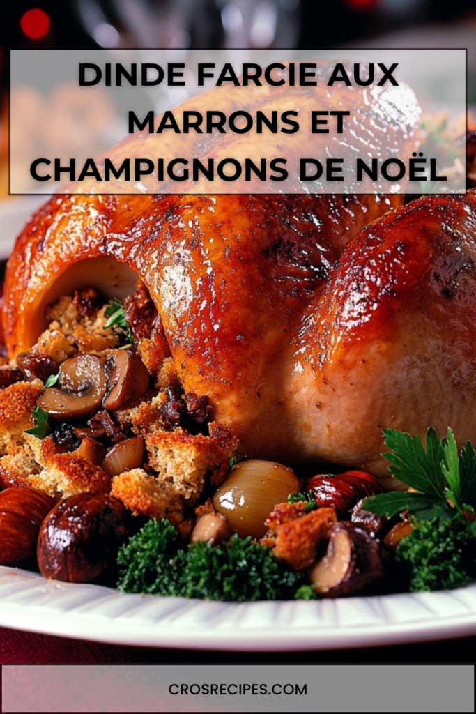 Dinde farcie aux marrons et champignons, peau dorée et croustillante, servie avec oignons grelots et jus de cuisson.