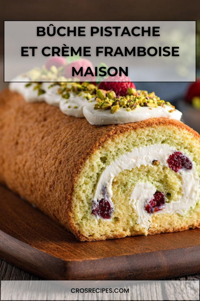 Bûche roulée à la génoise pistache garnie de crème framboise, décorée de pistaches concassées, framboises fraîches et menthe.