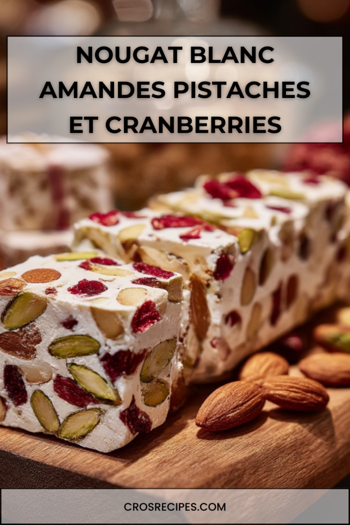 Nougat blanc artisanal aux amandes torréfiées, pistaches vertes et cranberries rouges, découpé en tranches régulières.