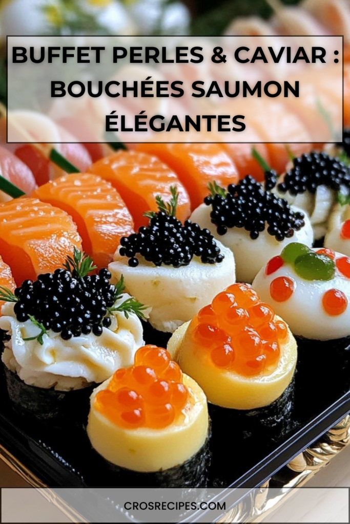 Buffet et Assortiment de bouchées festives au saumon, caviar noir, œufs de caille et tartelettes garnies de fromage frais et œufs de saumon.