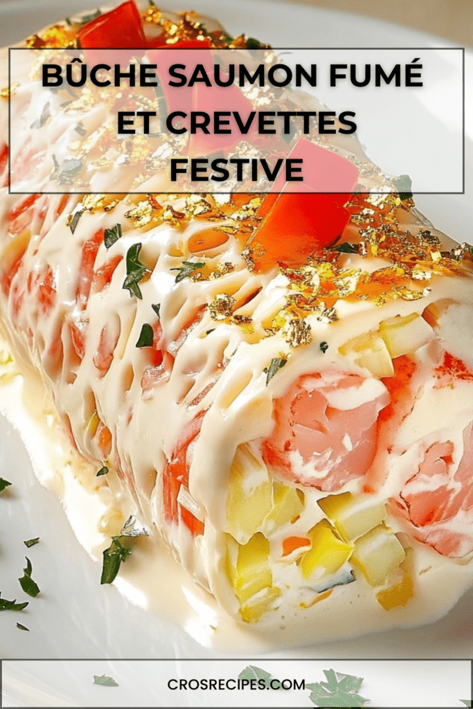 Bûche salée au saumon fumé garnie de crevettes, fromage frais citronné, concombre et herbes fraîches, décorée de poivron rouge.