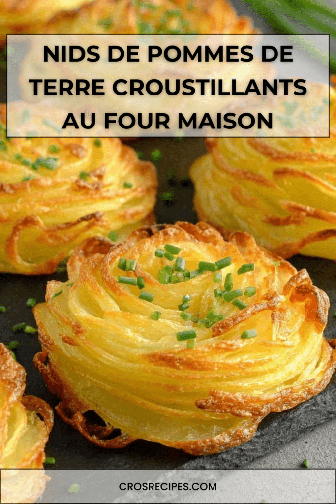 Nids de pommes de terre dorés et croustillants au four, dressés sur une plaque avec ciboulette ciselée, texture légère et aérée, prêts à être dégustés