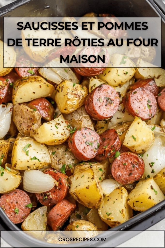 Plat familial de saucisses fumées en rondelles et pommes de terre grenaille rôties au four avec oignons caramélisés et persil frais ciselé