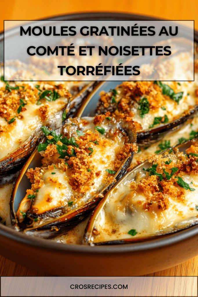 Moules gratinées au comté affiné avec noisettes torréfiées dorées au four, disposées dans un plat, fromage fondant et surface croustillante