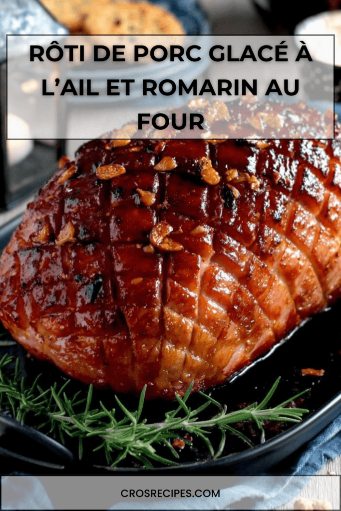 Rôti de porc glacé au miel, ail et romarin, doré et caramélisé au four, tranché sur une planche avec jus de cuisson brillant