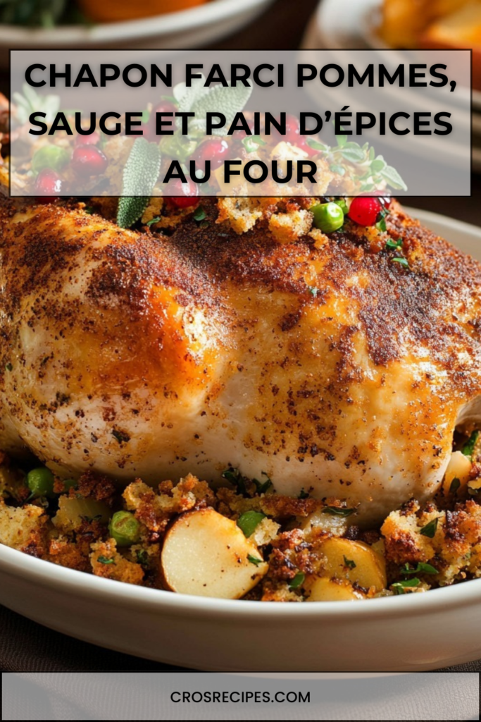 Chapon farci rôti aux pommes, sauge et pain d’épices, doré au four avec farce visible et graines de grenade en finition