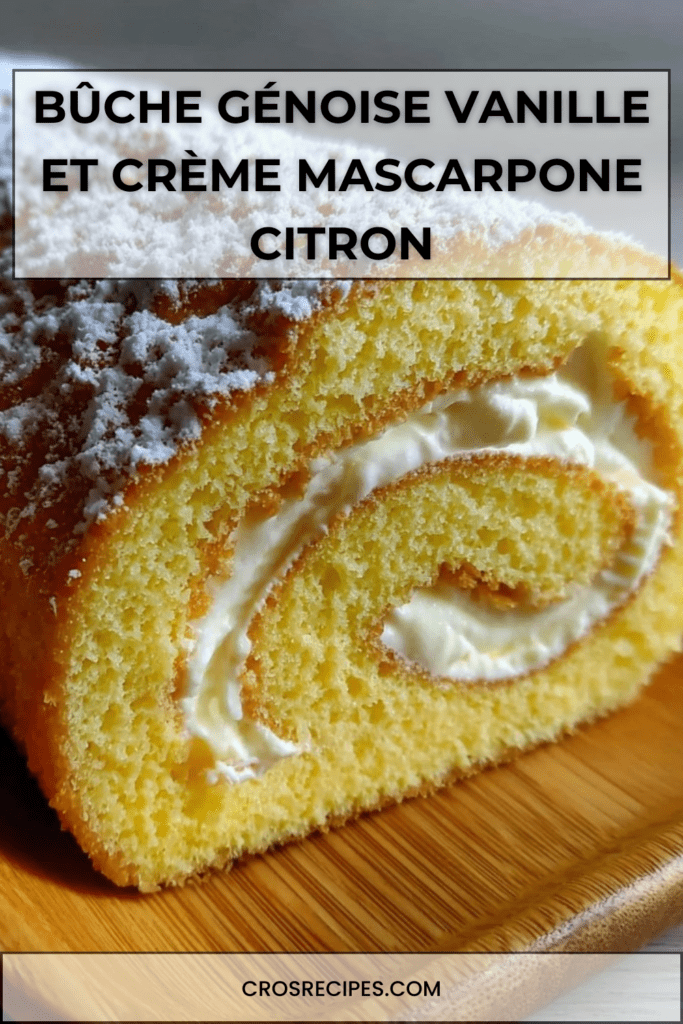 Bûche roulée à la génoise vanille Bourbon garnie de crème mascarpone citron, décorée de sucre glace, découpée en tranches montrant une spirale régulière