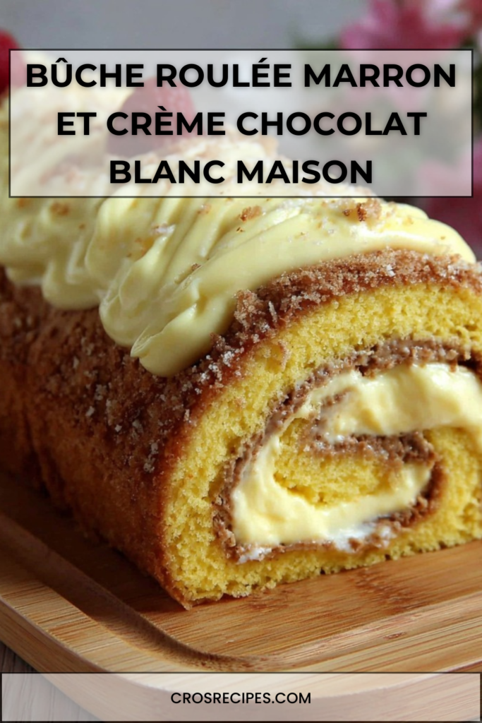 Bûche roulée garnie de crème de marrons et crème chocolat blanc, décorée de noix de coco et framboises, montrant une spirale régulière à la découpe