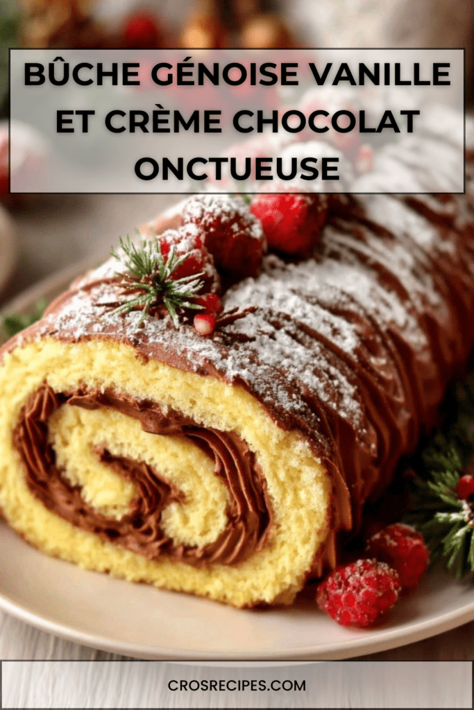 Bûche génoise vanille garnie de crème chocolat, nappée de chocolat noir et décorée de framboises et brins de romarin façon fête