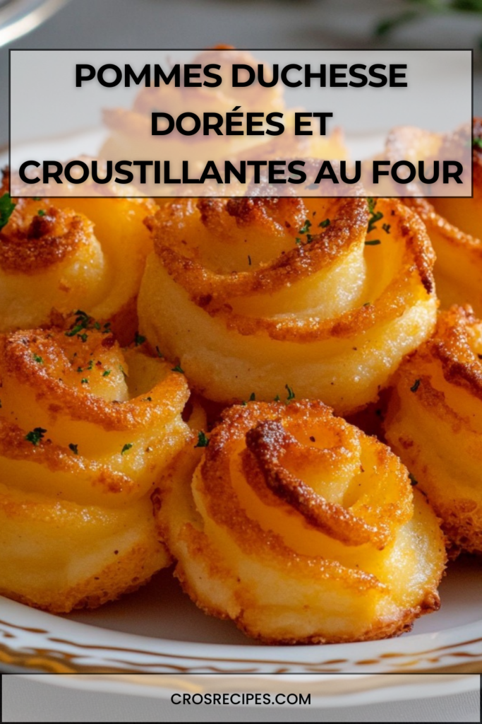 Pommes duchesse dorées et croustillantes dressées en rosaces régulières sur une plaque de cuisson, texture légère et fondante à l’intérieur