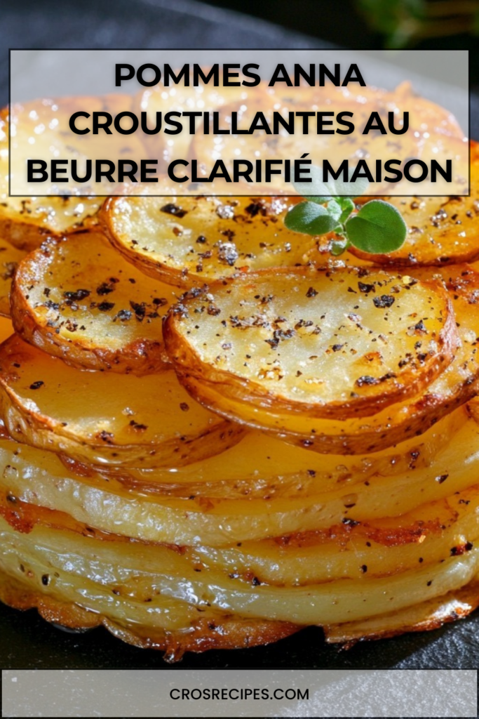 Pommes Anna dorées et croustillantes disposées en disque régulier, tranches fines superposées et brillantes au beurre clarifié