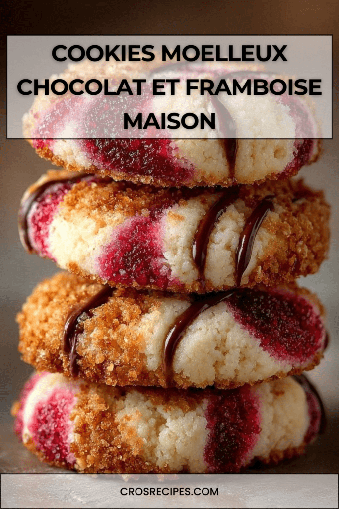 Cookies moelleux au chocolat garnis de confiture de framboise au centre, légèrement dorés sur les bords et présentés sur une plaque de cuisson