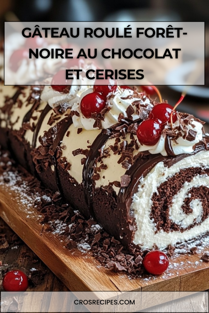 Gâteau roulé Forêt-Noire au cacao garni de chantilly et cerises, décoré de copeaux de chocolat et cerises entières sur le dessus