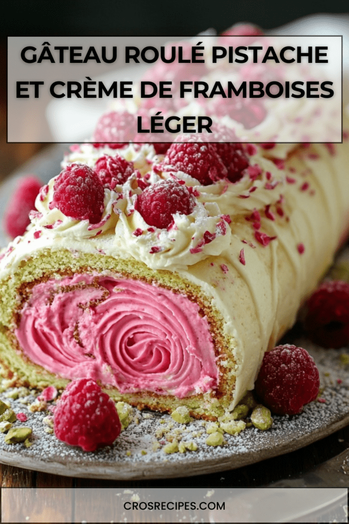 Gâteau roulé à la pistache garni de crème de framboises, décoré de pistaches concassées et framboises fraîches, montrant une spirale rose et verte
