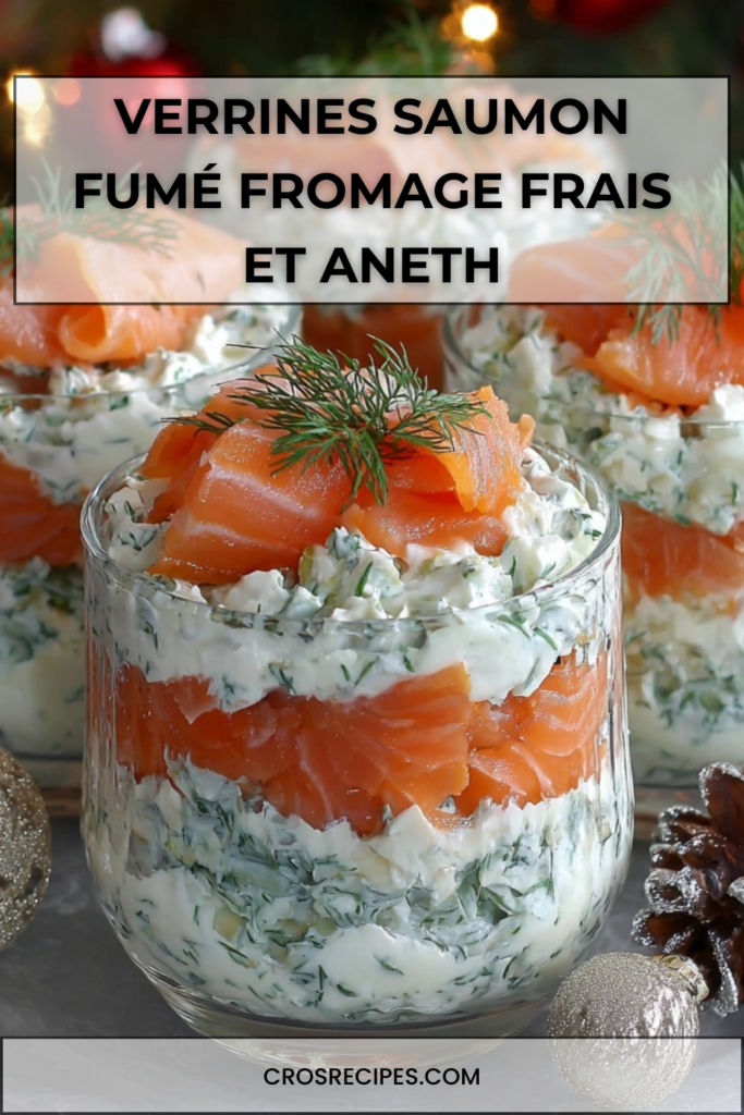Verrines superposées au saumon fumé et fromage frais à l’aneth, décorées de brins d’aneth et servies bien fraîches