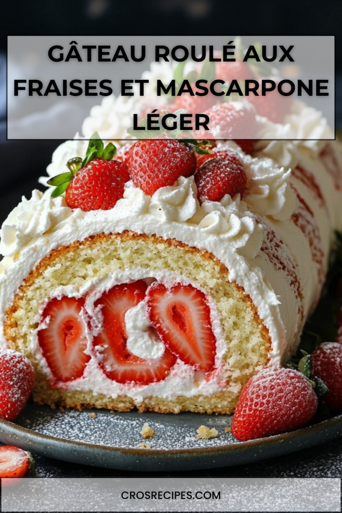 Gâteau roulé aux fraises garni de crème mascarpone, tranché pour montrer la spirale blanche et rose, décoré de fraises fraîches sur le dessus