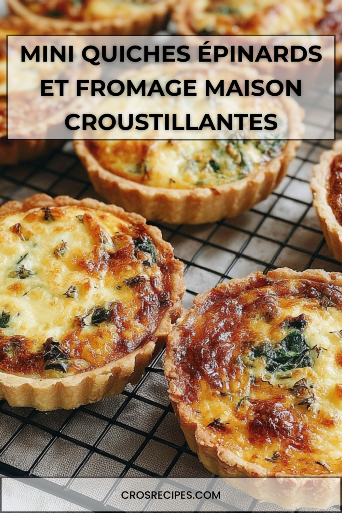 Mini quiches dorées aux épinards et fromage cuites au four, disposées sur une assiette, avec pâte croustillante et garniture crémeuse aux herbes